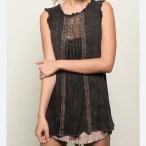 POL Black Lace Boho Tank Top | Sheer Layered Festival Tunic
- Size Small